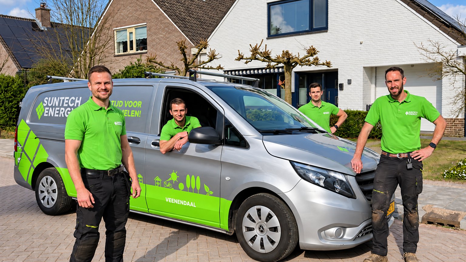 Het team van Suntech Energy bij een bedrijfsbus in Veenendaal