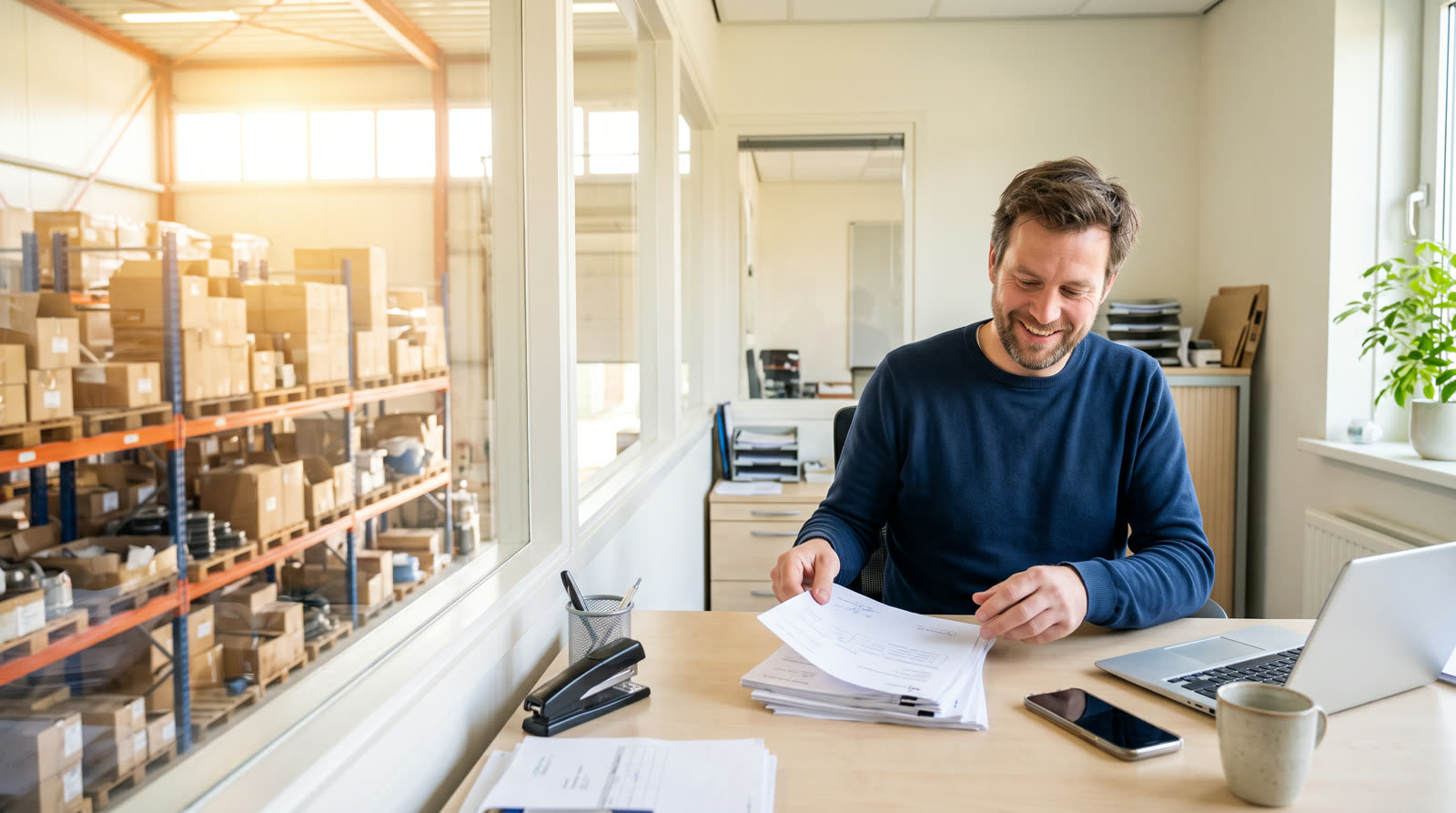 De eigenaar van een technische groothandel sorteert in zijn kantoor naast het magazijn de getekende pakbonnen van de week.